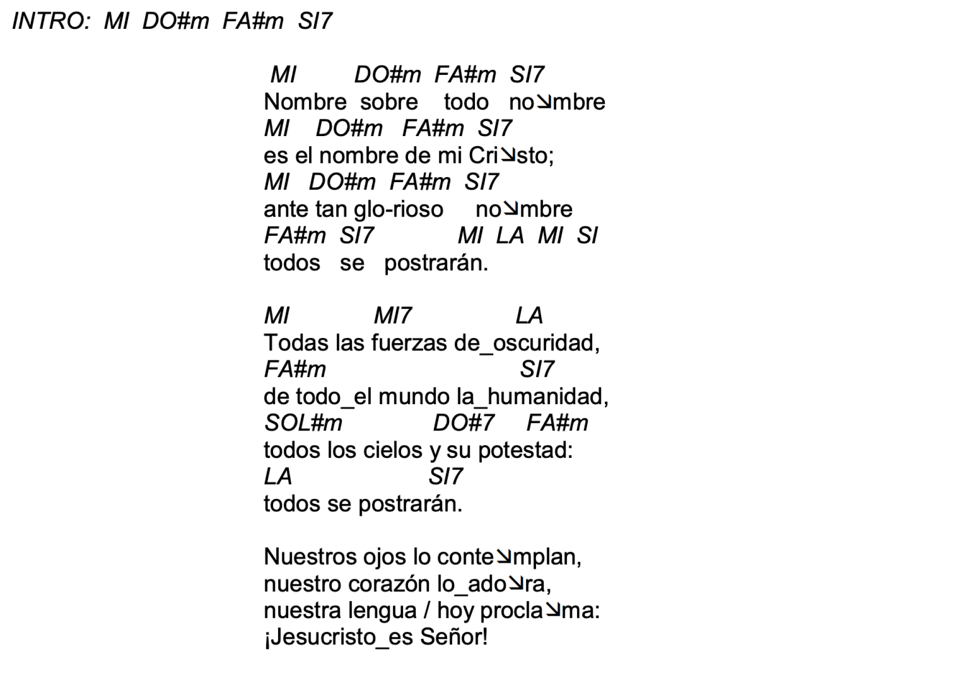 Letra de Nombre Sobre Todo Nombre con acordes