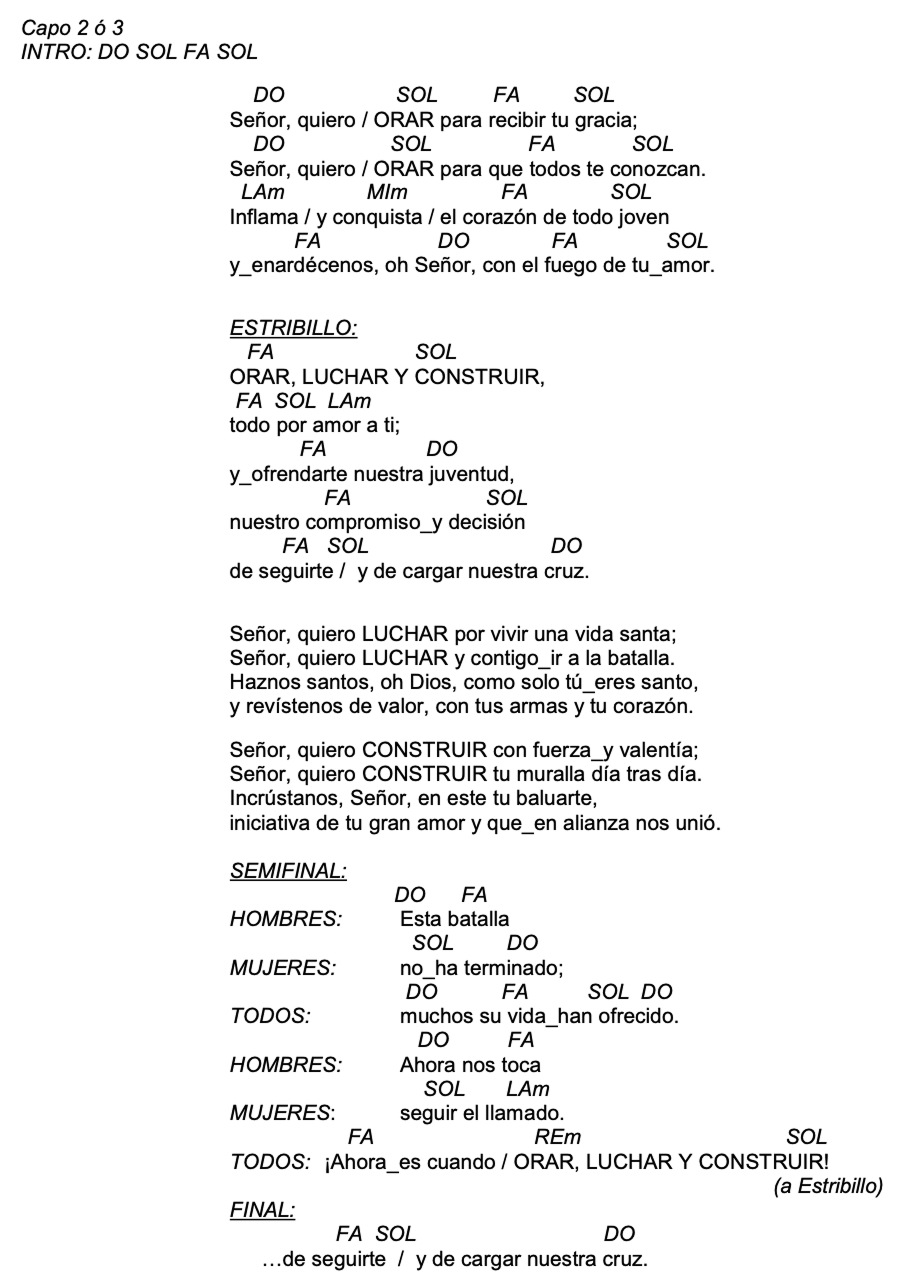 Letra de Orar, Luchar Y Construir con acordes
