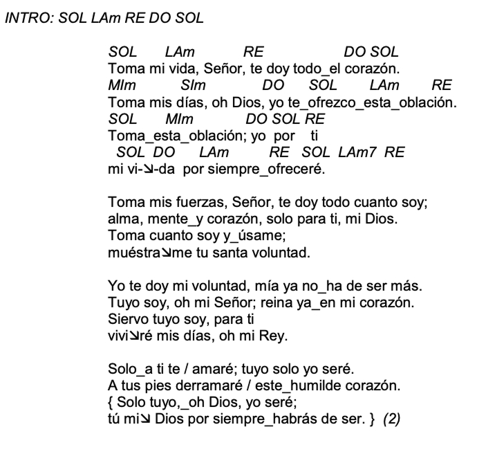 Letra de Toma Mi Vida con acordes