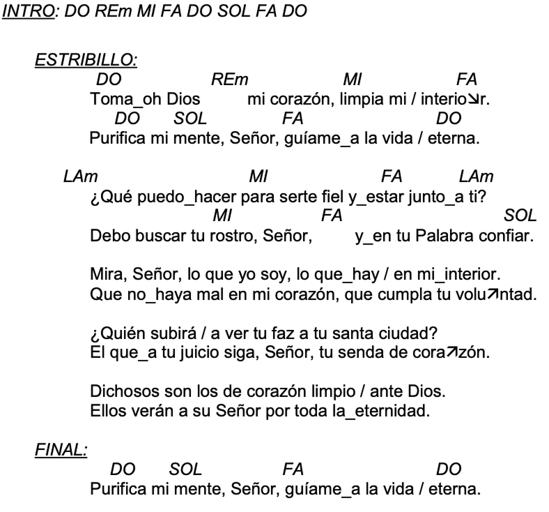 Letra de TOMA, OH DIOS, MI CORAZÓN (Anexo A) con acordes
