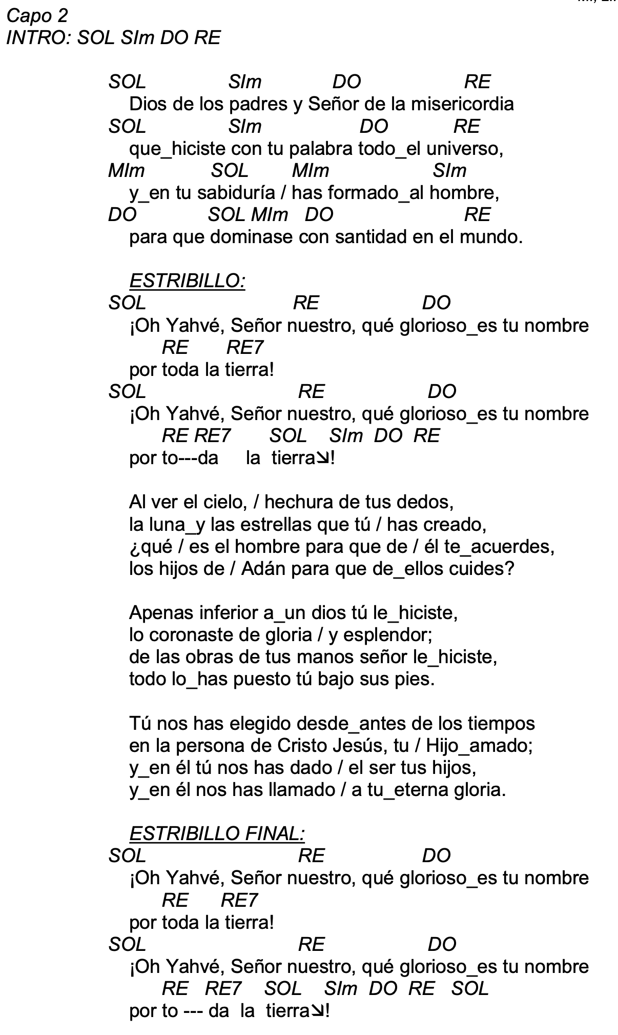 Letra de Oh Yavhè, Señor Nuestro con acordes